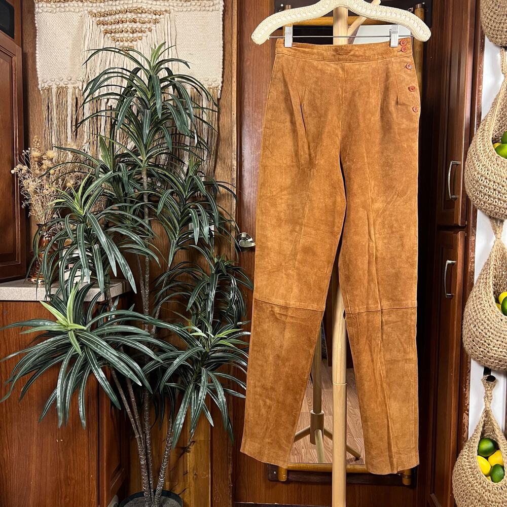 Vintage 90s Perry Ellis Suede Pants Camel High Waist Pleated Side Button XS Tan